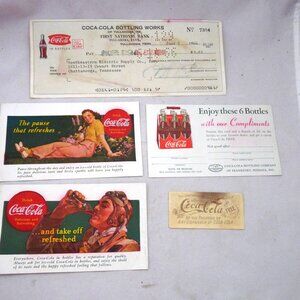 5 vintage Coke advertising items Coco Cola trade cards, ban checkcoupon ephemera